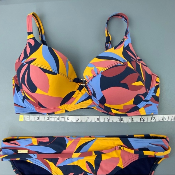Sunseekers yellow, blue & pink abstract leaf print 2 piece bikini set - Picture 6 of 15